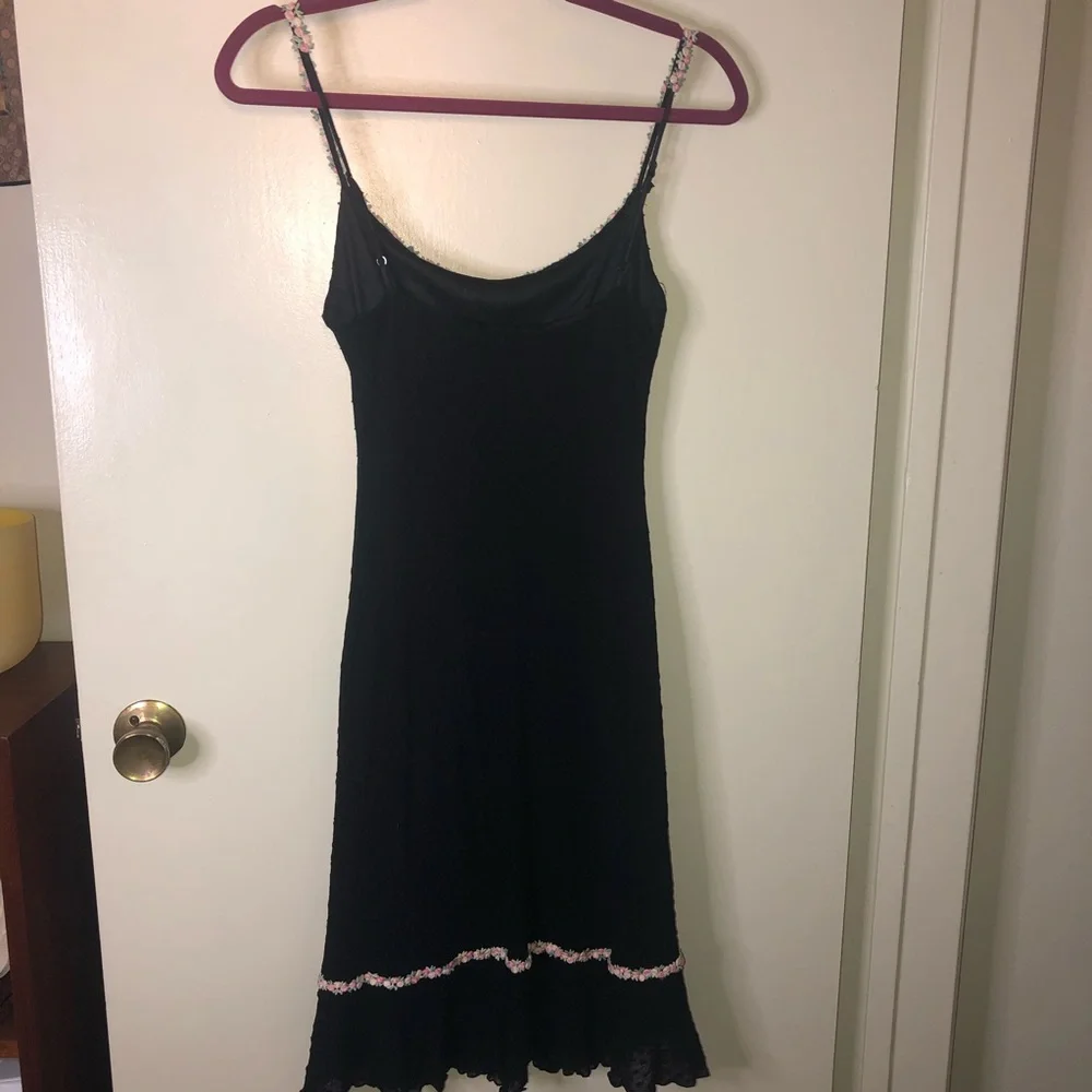 Vintage Betsey Johnson 90’s Swiss Dot Black Dress with Pink Flowers Trim - Picture 9 of 11